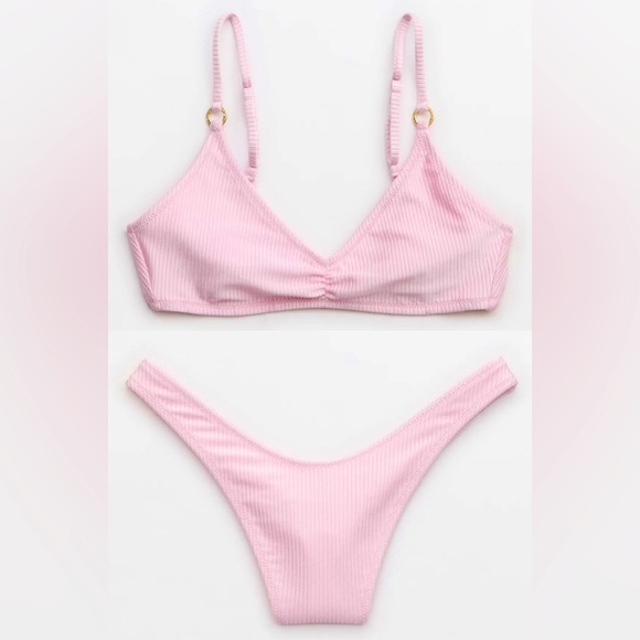 aerie Other - NWT Aerie FULL SET Beach Babe Shine Rib Voop Top + Thong Bottoms Parfait Pink M